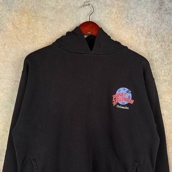Vintage 90s Planet Hollywood Hoodie Sweatshirt Mens Sz L Black Orlando Logo - Picture 2 of 7